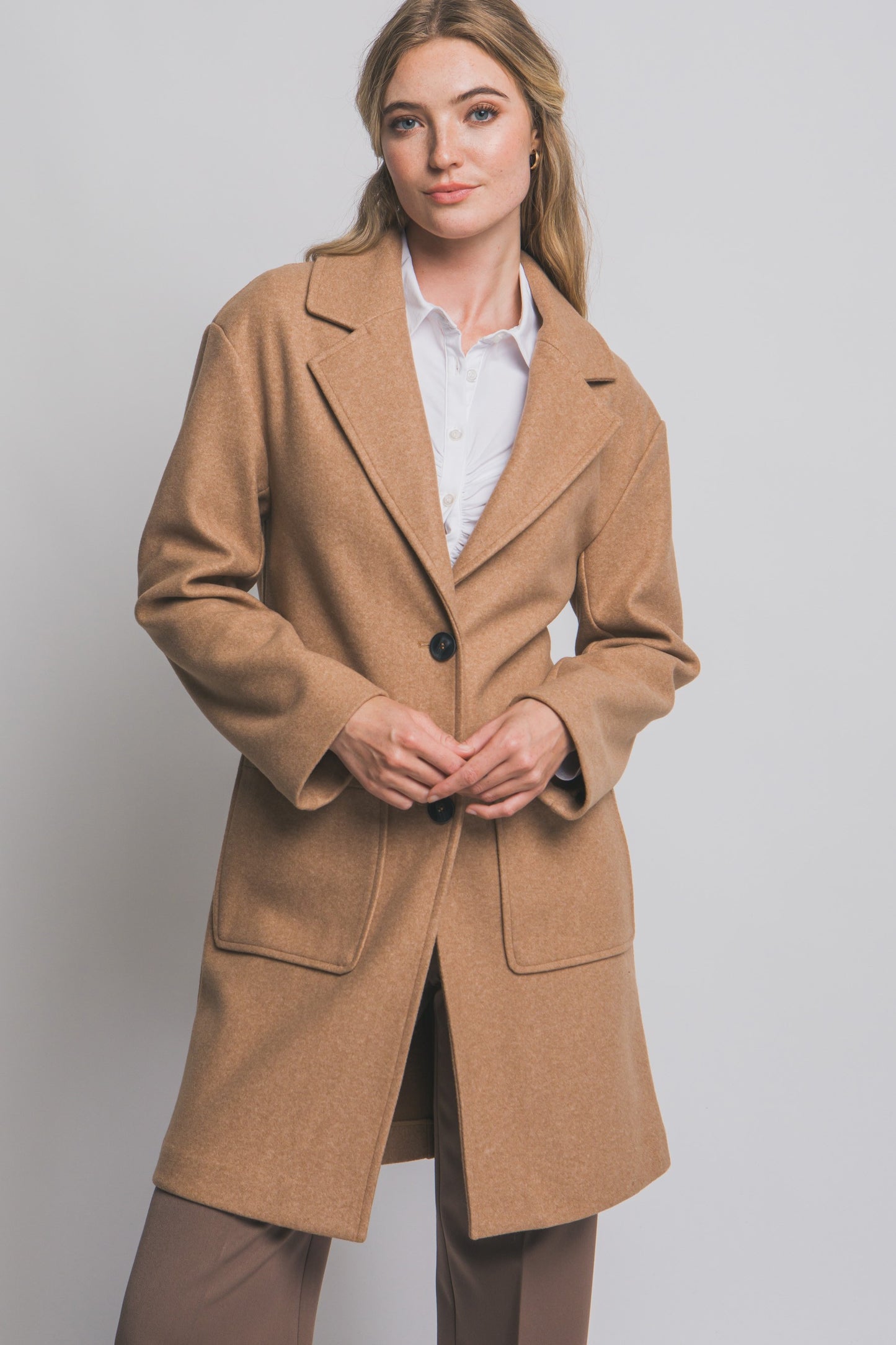Mid Length Double Button Coat in Camel