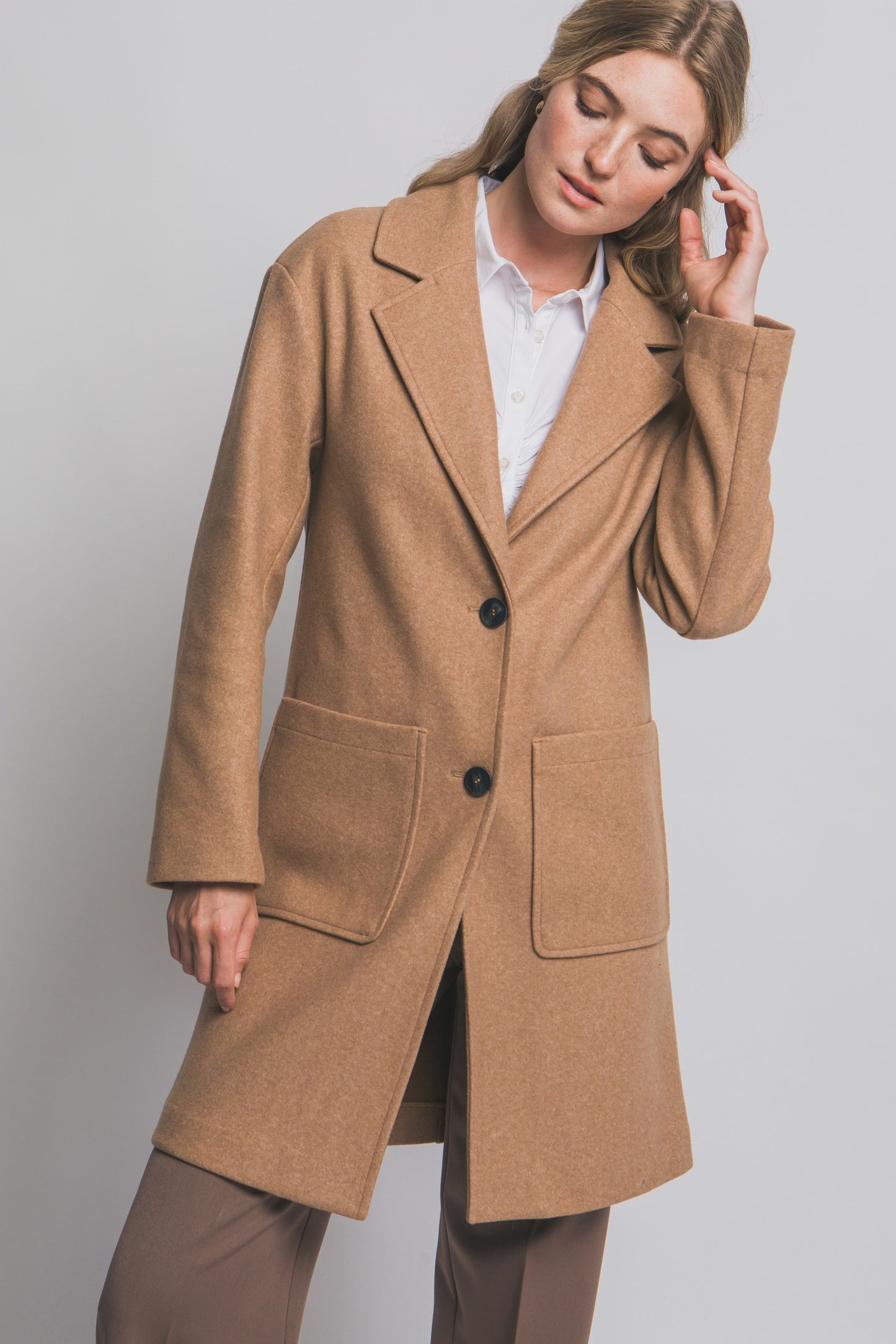 Mid Length Double Button Coat in Camel