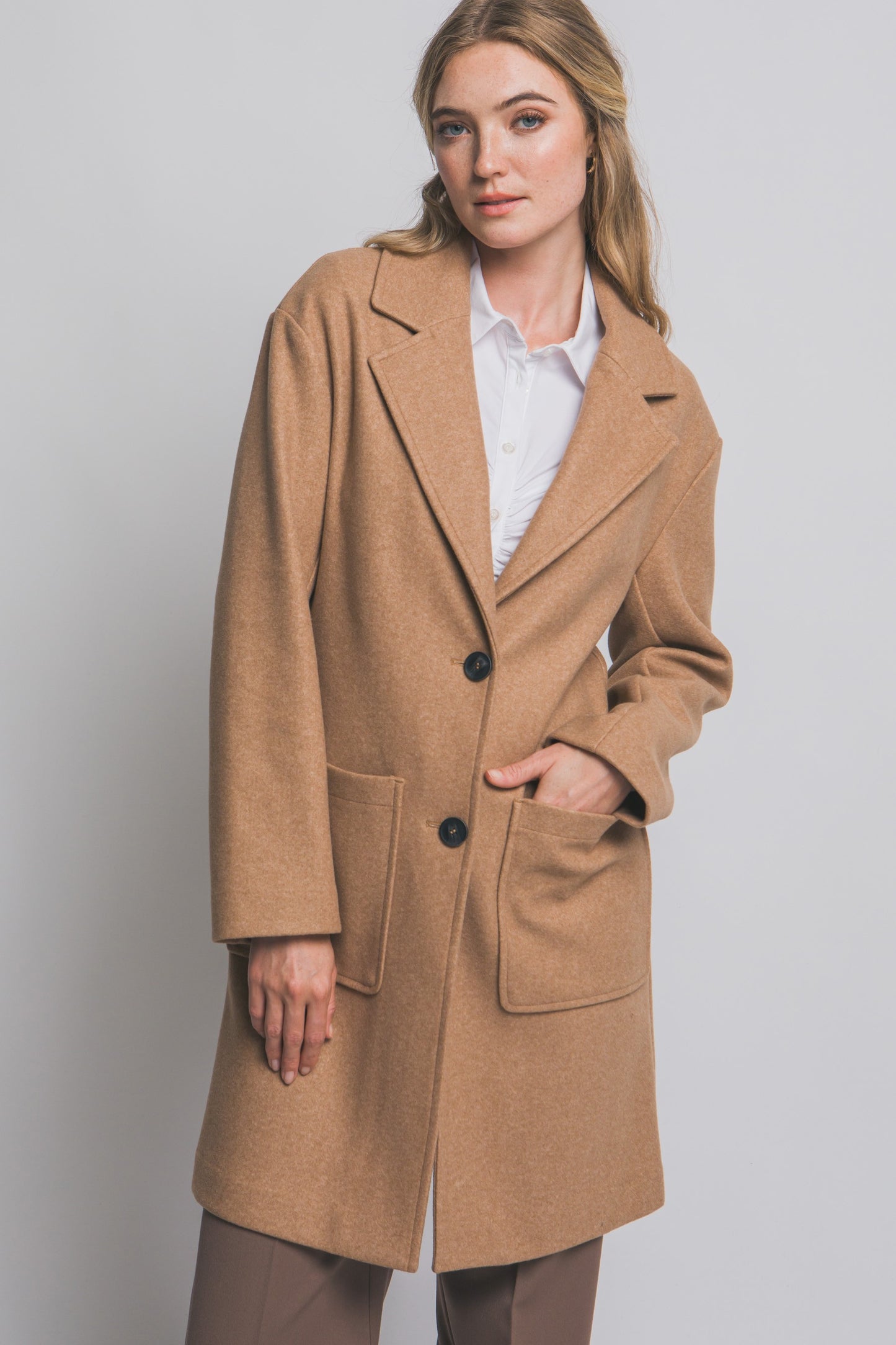 Mid Length Double Button Coat in Camel
