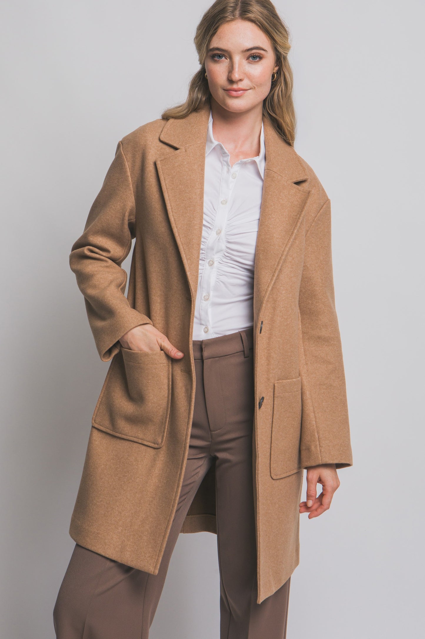 Mid Length Double Button Coat in Camel