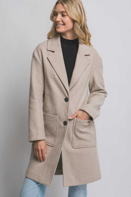 Mid Length Double Button Coat in Oatmeal