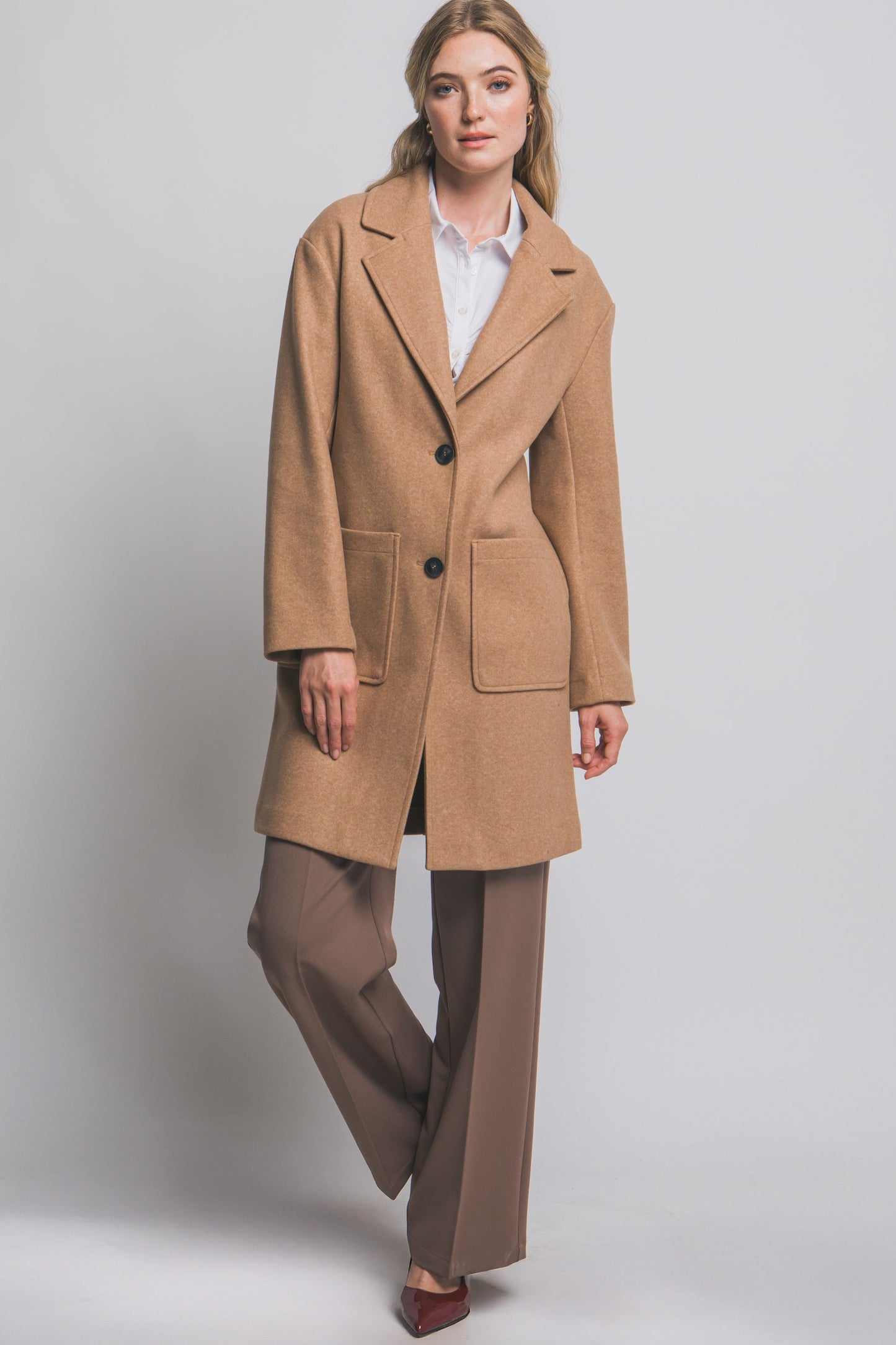 Mid Length Double Button Coat in Camel