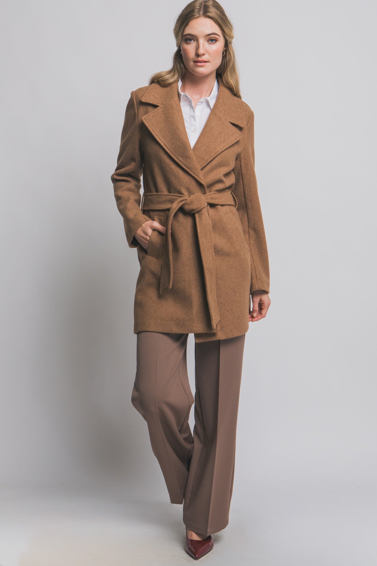 Mid Thigh Lapel Collar Jacket with Tie