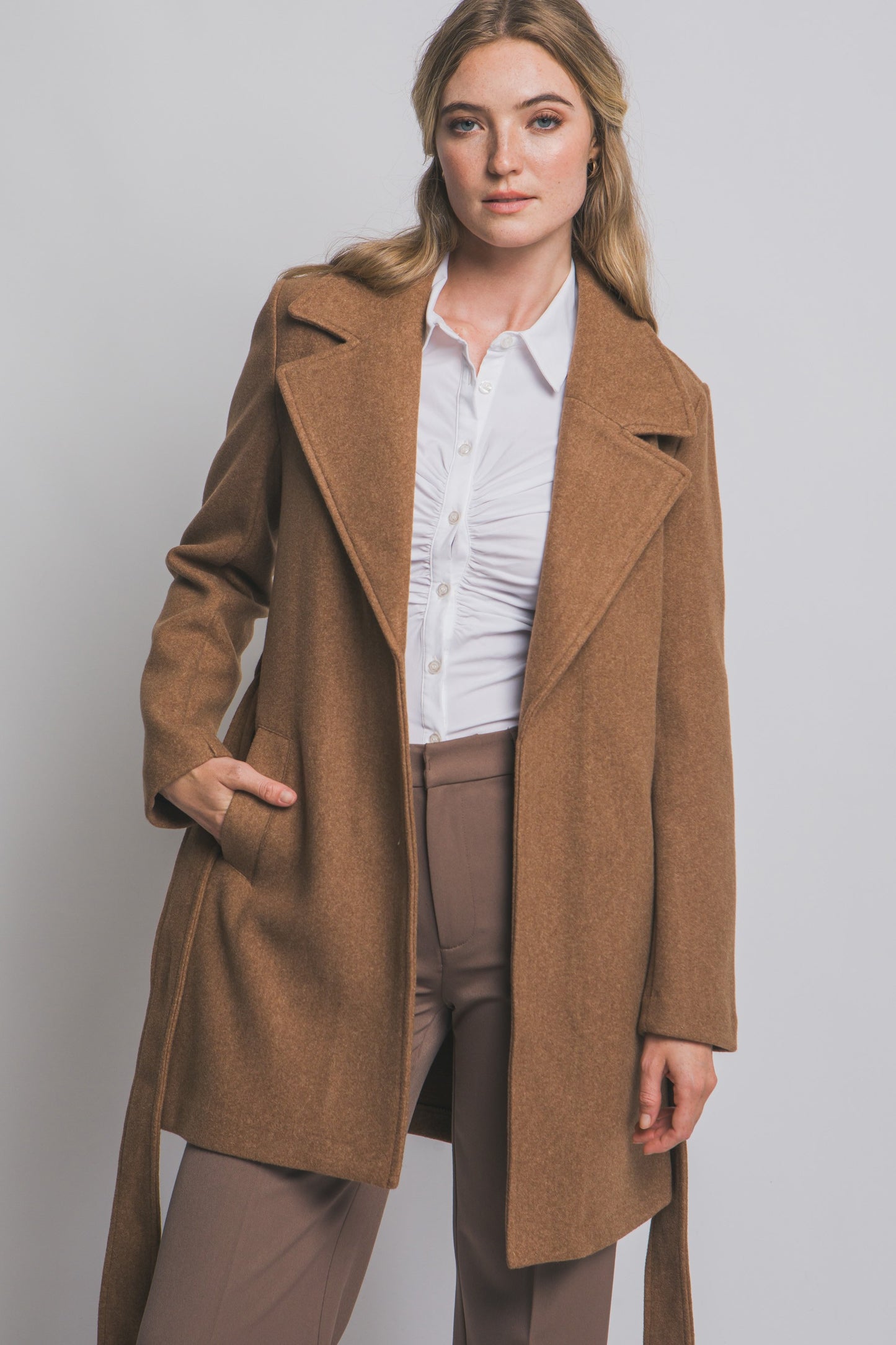 Mid Thigh Lapel Collar Jacket with Tie