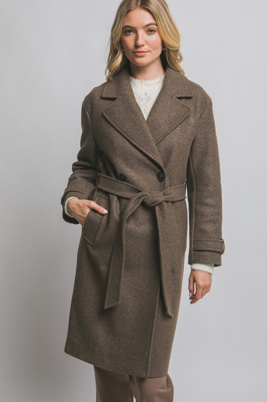 Double Breasted Belted Wrap Coat in Brown