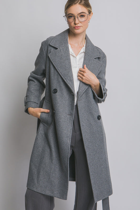 Double Breasted Belted Wrap Coat in Grey