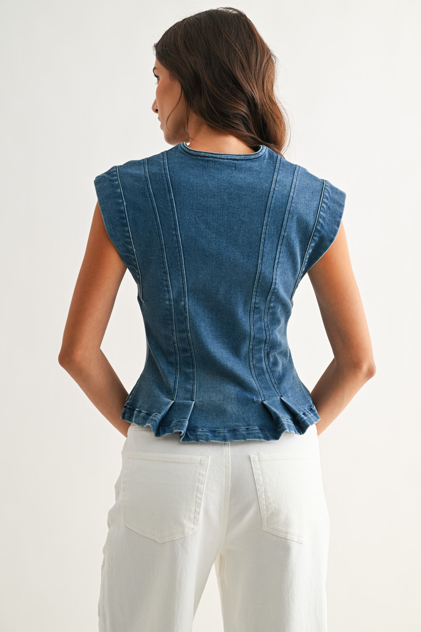 Button-down Denim Sleeveless Peplum Top