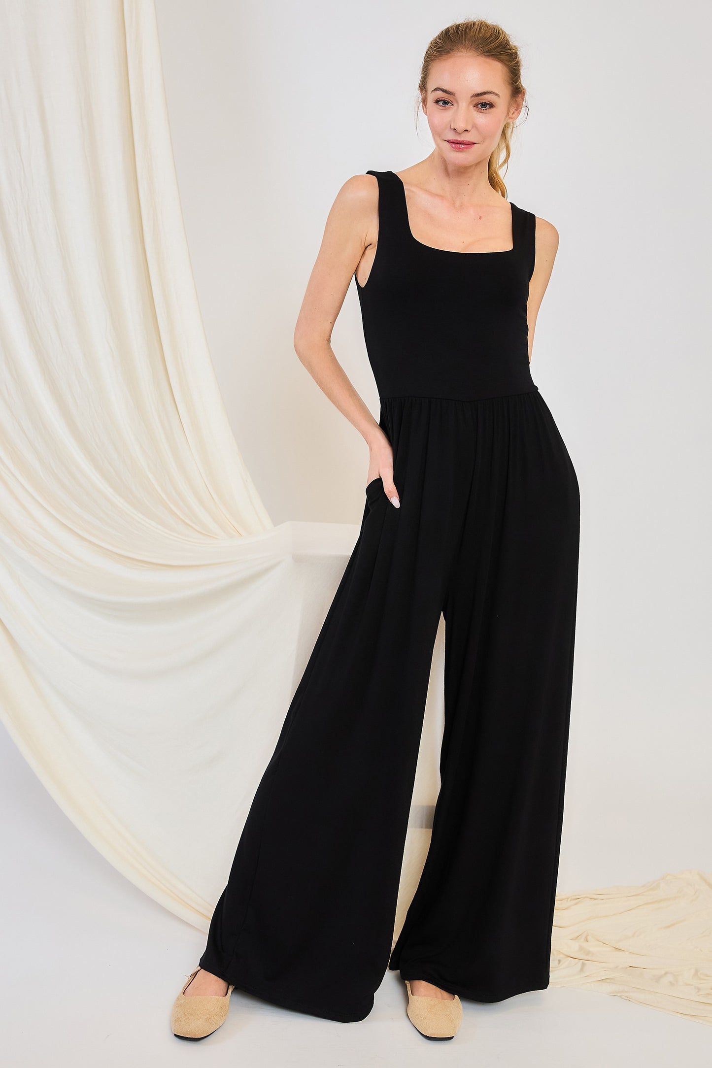 Square Neck Jumpsuit in Black
