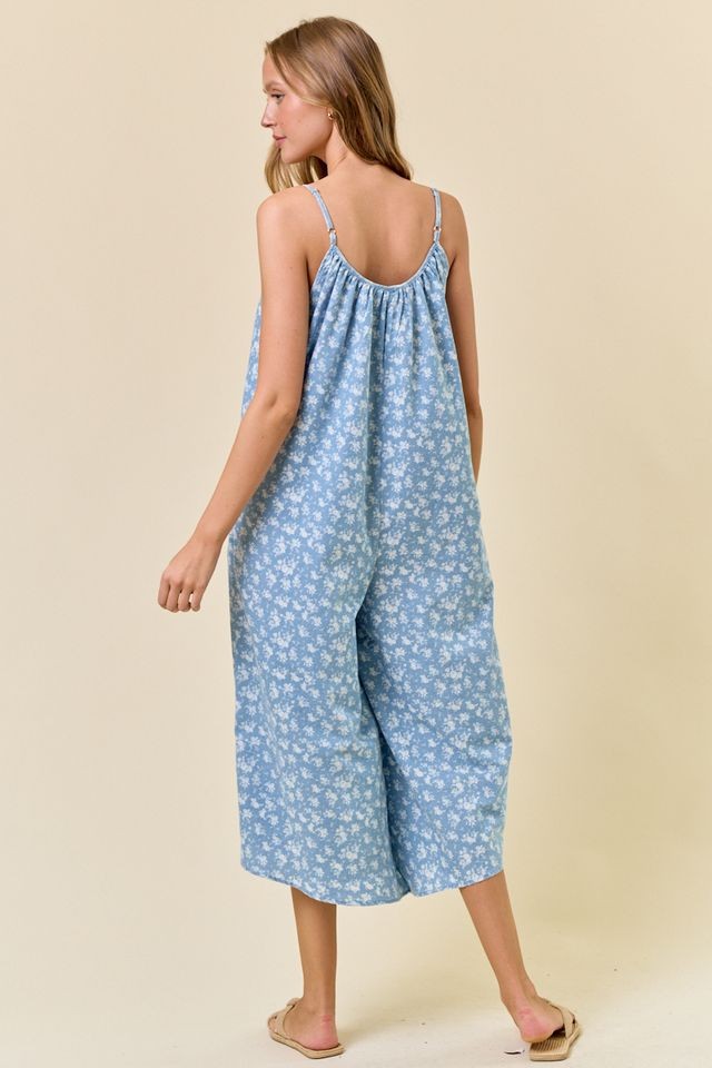 Floral Chambray Denim Jumpsuit in Lt. Blue