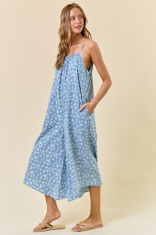 Floral Chambray Denim Jumpsuit in Lt. Blue