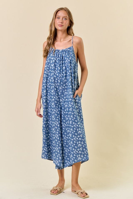 Floral Chambray Denim Jumpsuit in Blue