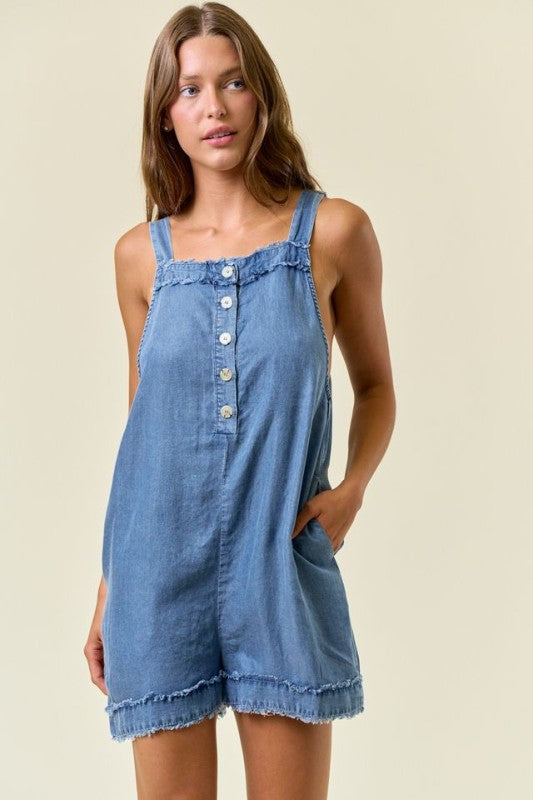 Tencel Front Button Romper in Denim