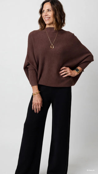 MILIO MILANO Ribbed Cuff & Hem Asymmetrical Sweater in Chocolate