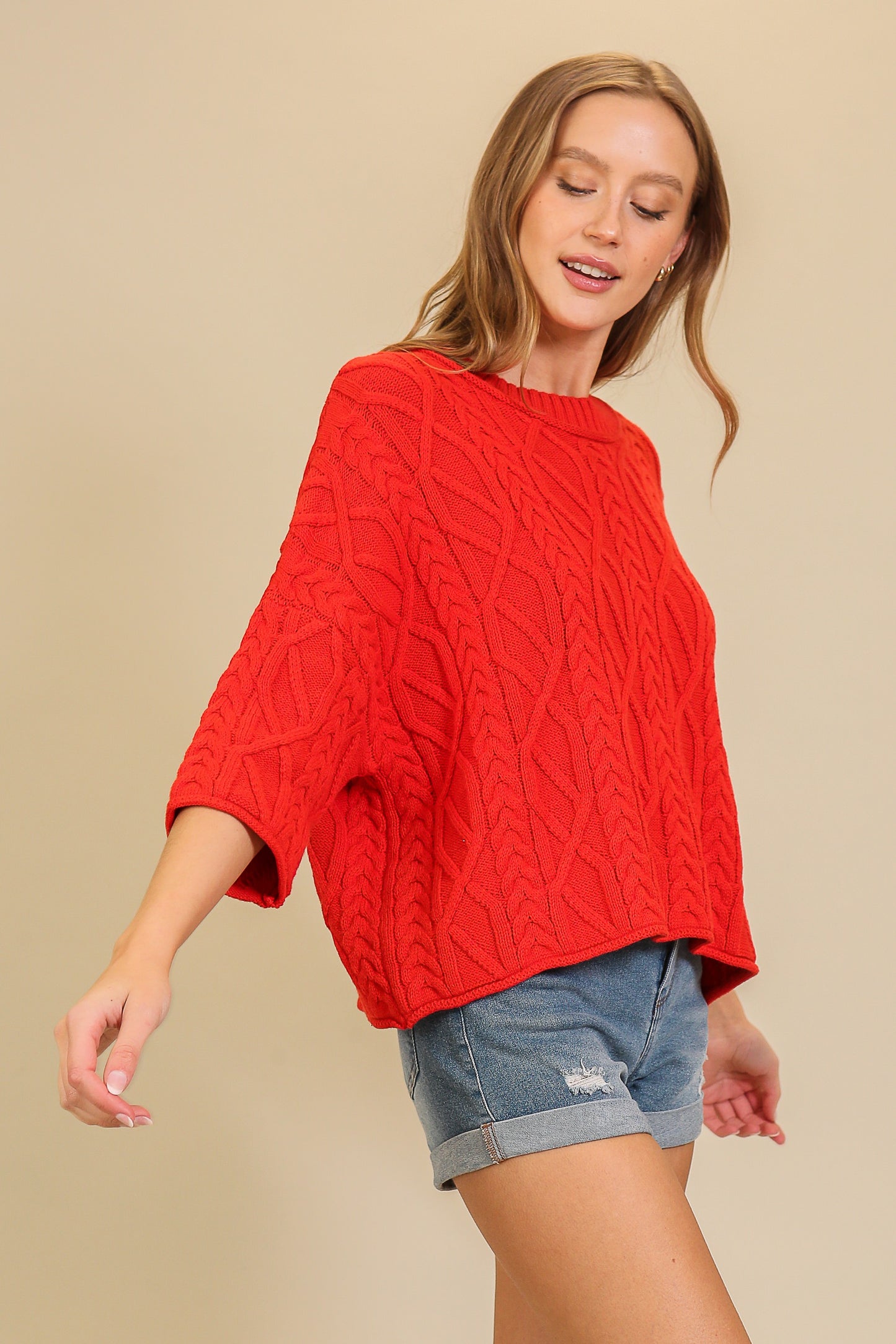 Texture Cable Knit Sweater in Red