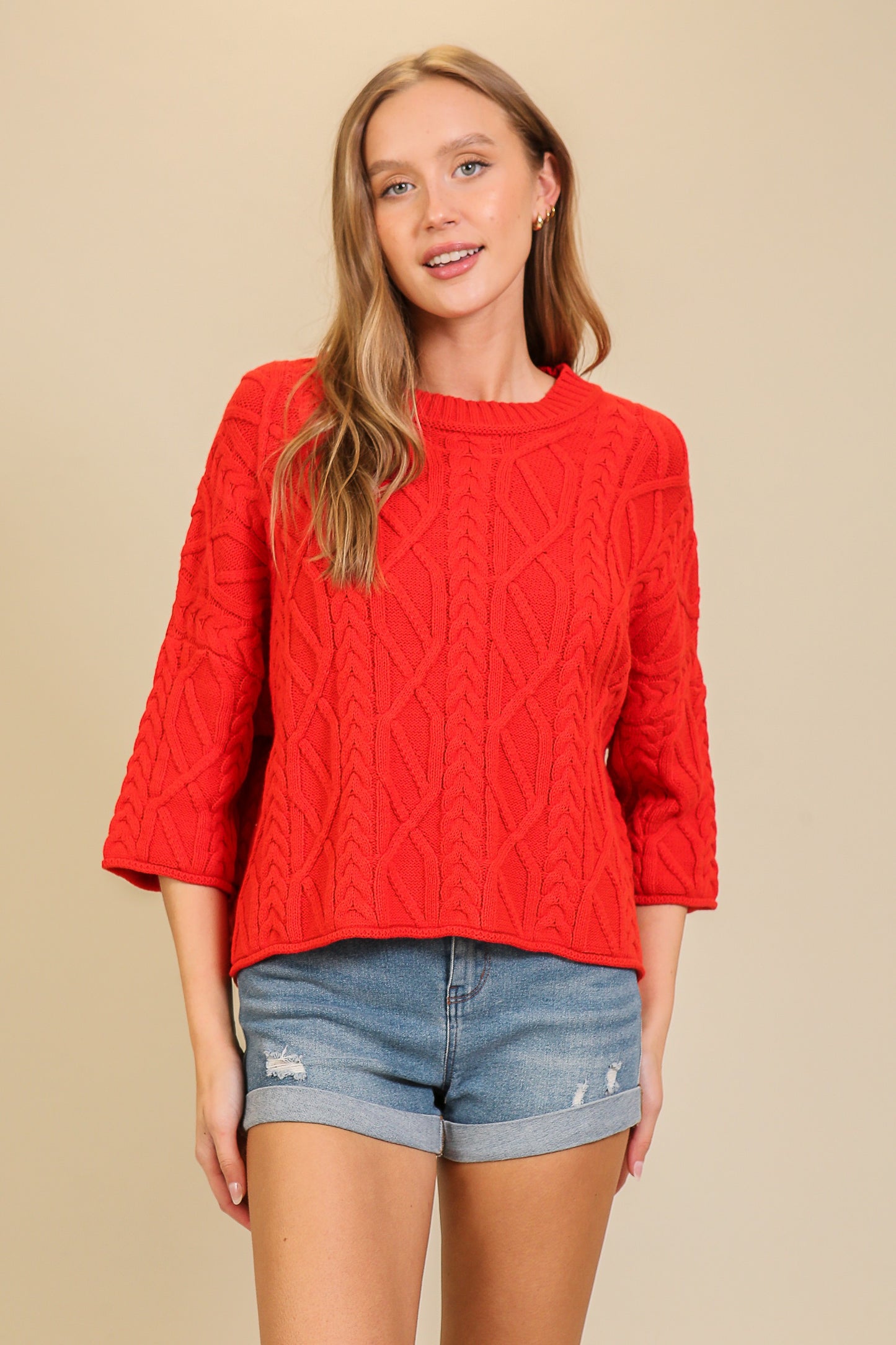 Texture Cable Knit Sweater in Red