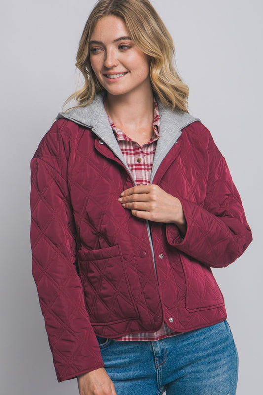 Contrast Puffer Jacket in Burgundy