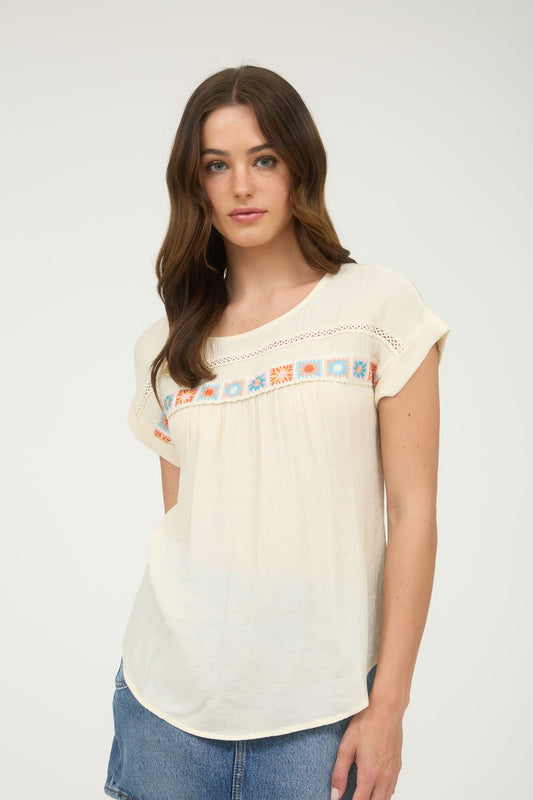 Crochet Detail Lace Trim Top in Cream