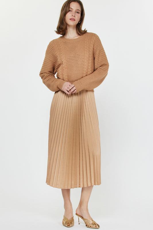 2 Piece Pleated Dress & Sweater in Tan