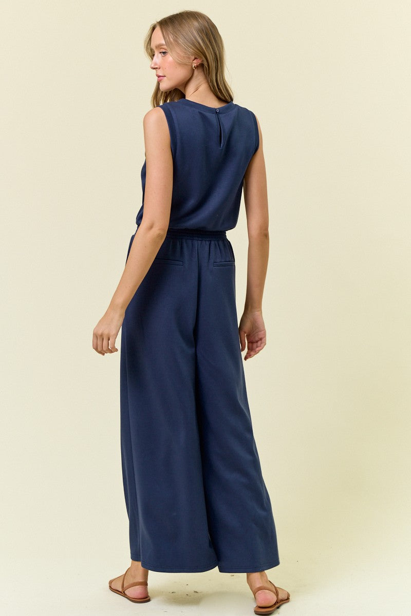V Neck Brushed Modal Wide Culotte Leg Jumpsuit