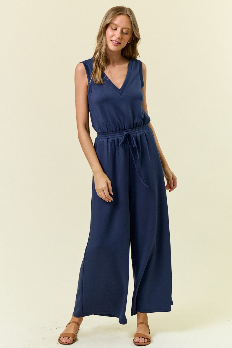 V Neck Brushed Modal Wide Culotte Leg Jumpsuit