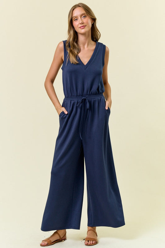 V Neck Brushed Modal Wide Culotte Leg Jumpsuit