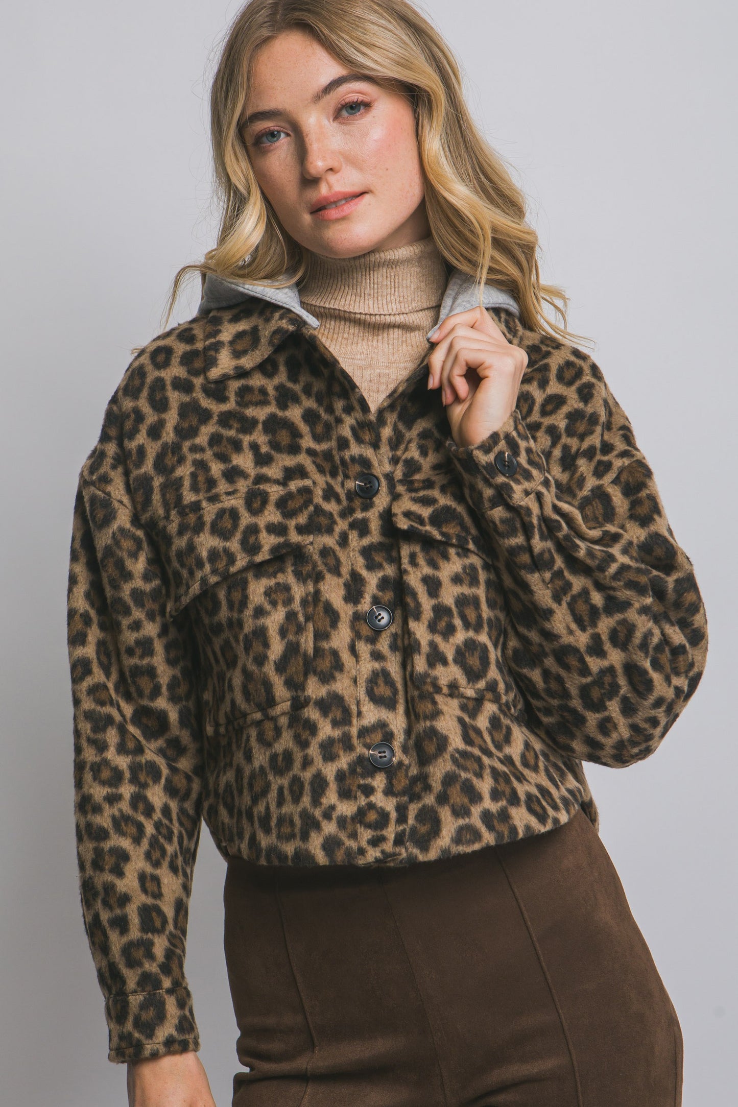 Leopard Fleece Jacket w/ Removable Hoodie