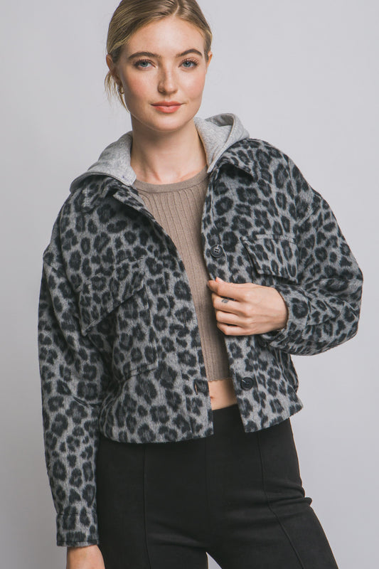 Leopard Fleece Jacket w/ Removable Hoodie