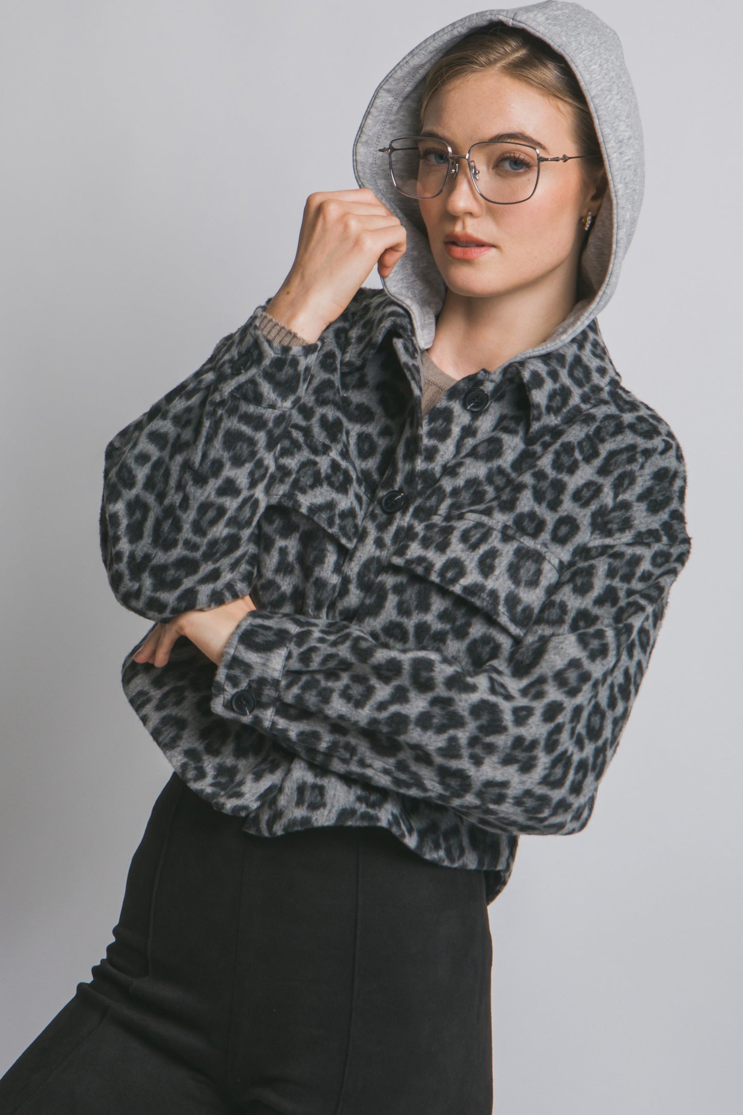 Leopard Fleece Jacket w/ Removable Hoodie