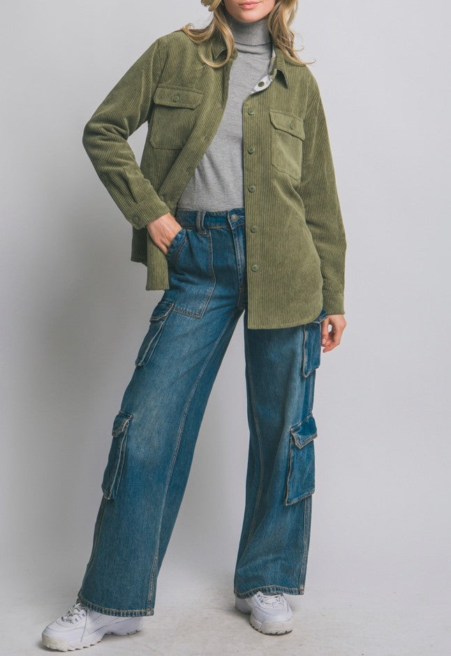 Corduroy Reversible Shacket in Olive