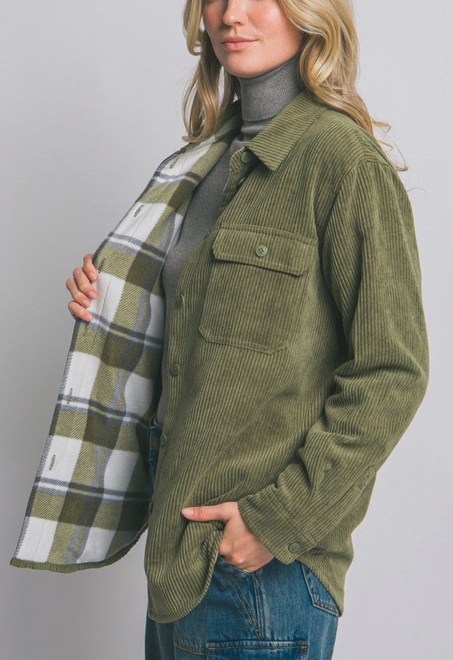 Corduroy Reversible Shacket in Olive