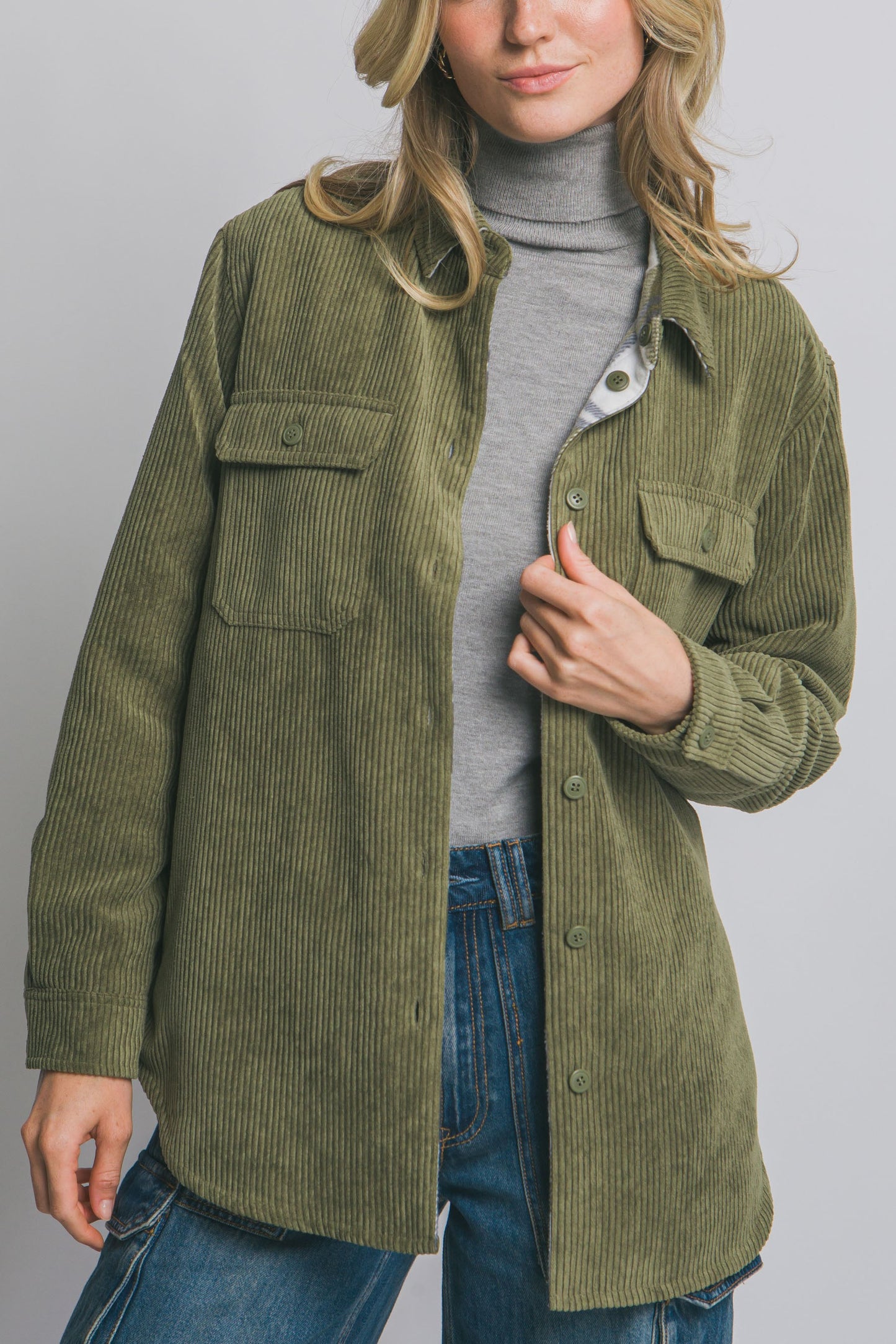 Corduroy Reversible Shacket in Olive