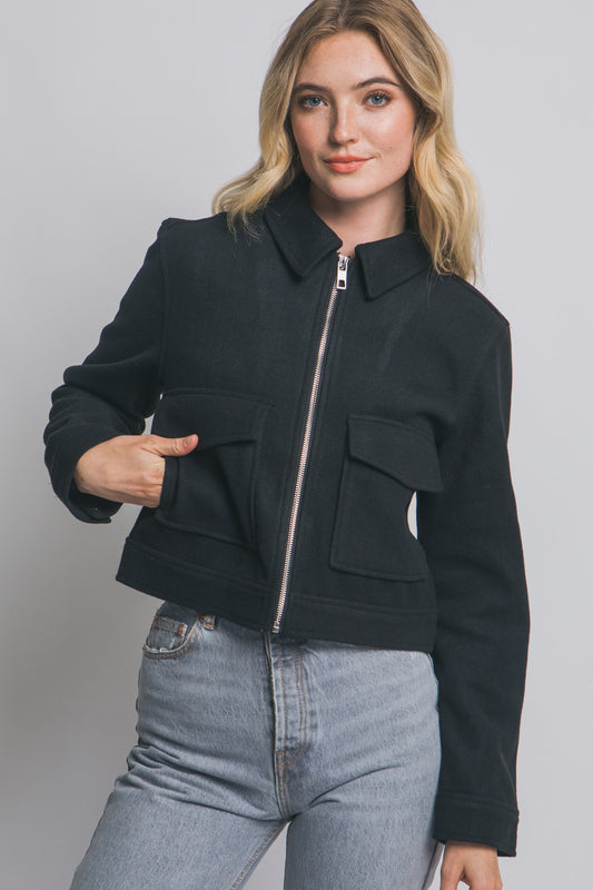 Zip-up Flat Pocket Jacket in Black