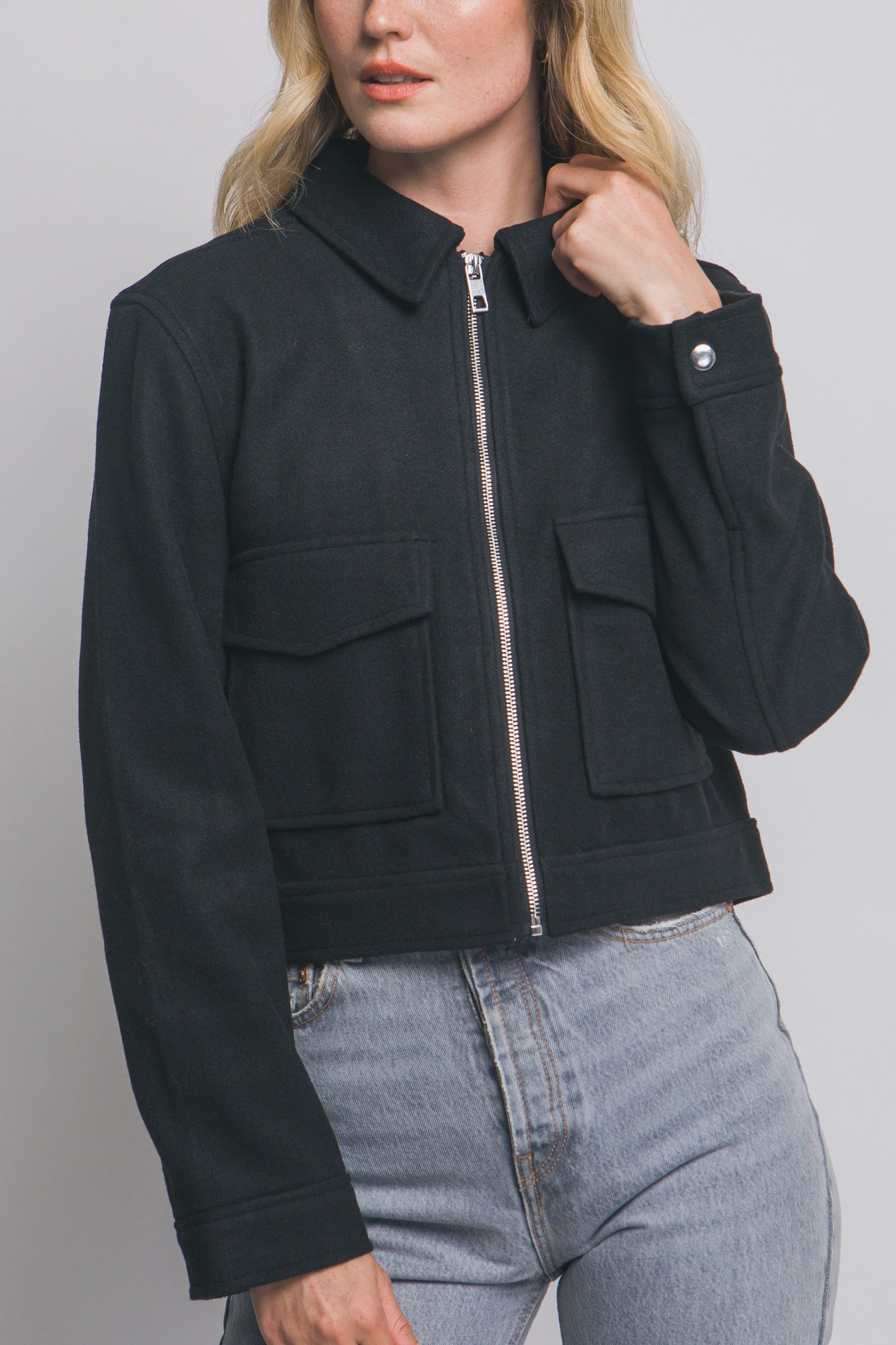 Zip-up Flat Pocket Jacket in Black
