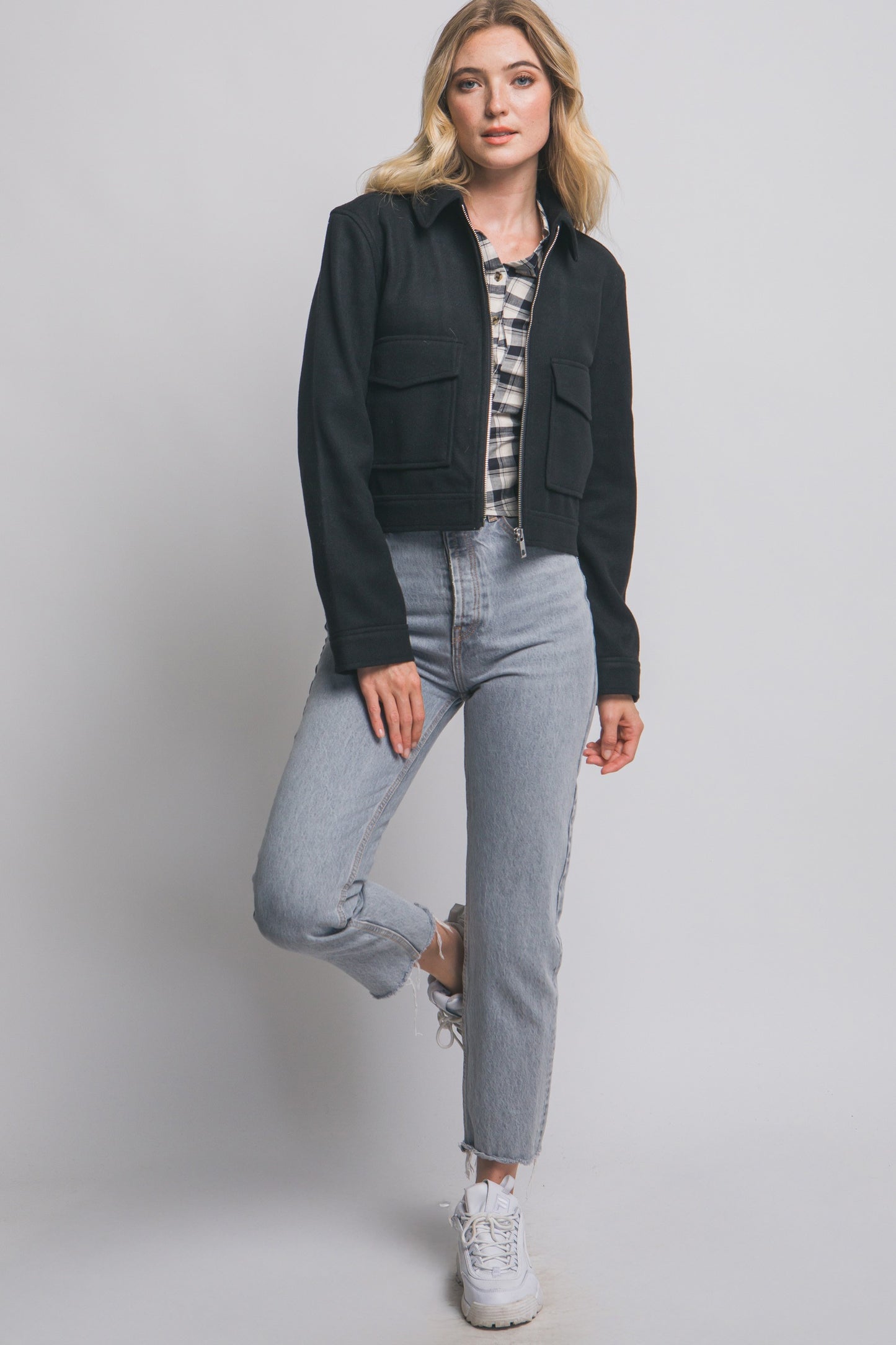 Zip-up Flat Pocket Jacket in Black