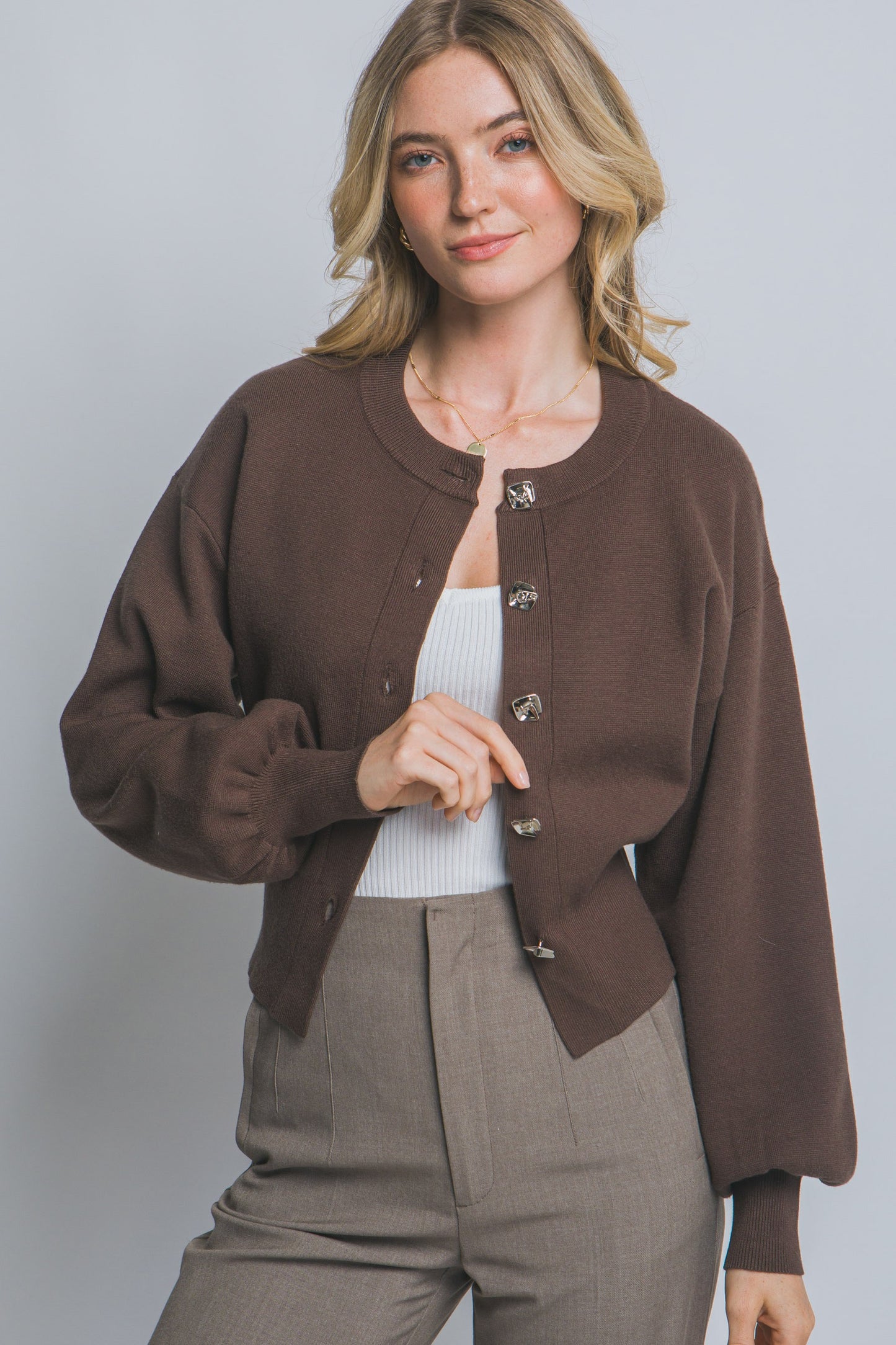 Cardigan with Puff Sleeves in Brown