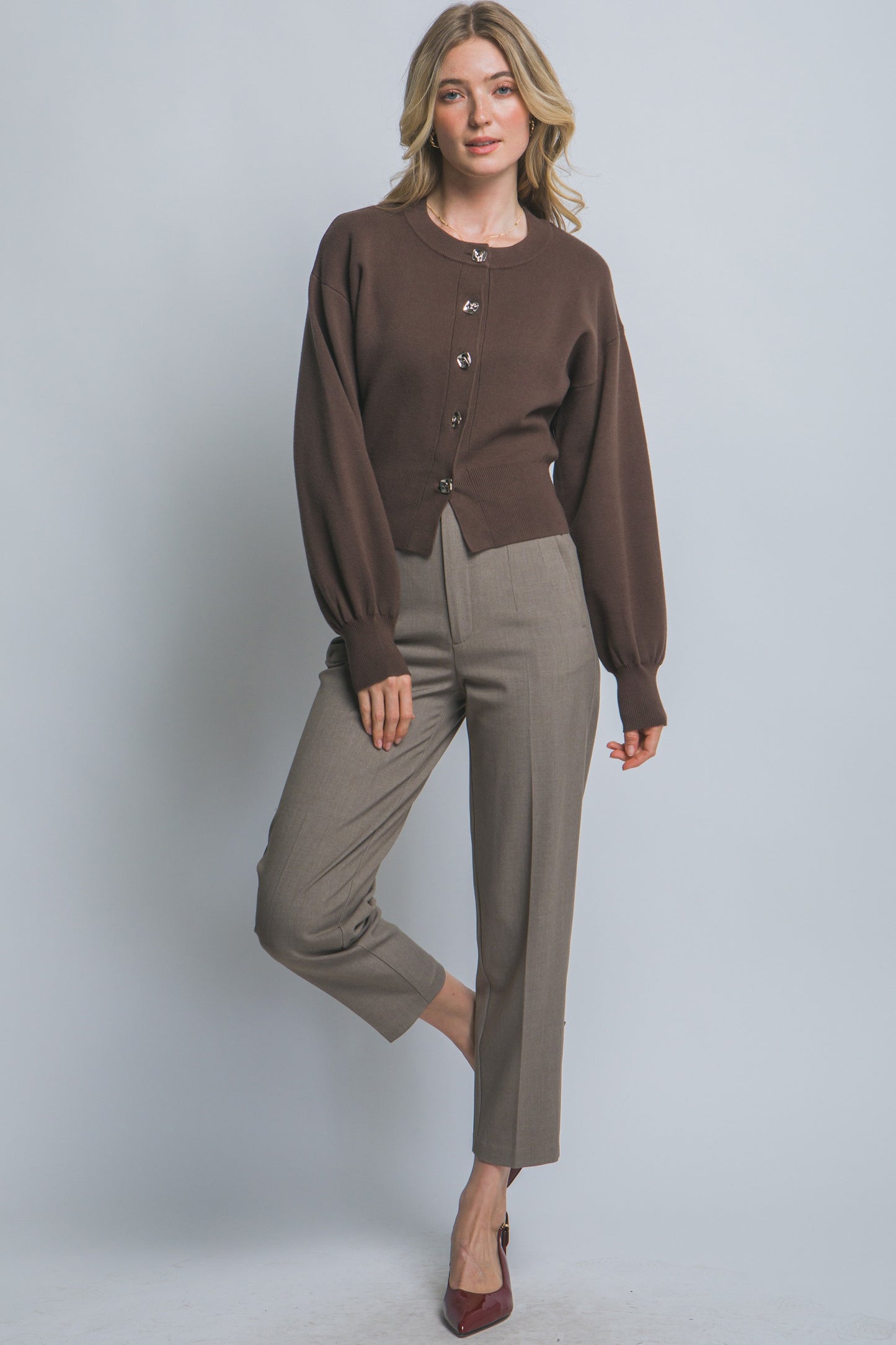 Cardigan with Puff Sleeves in Brown