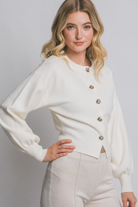 Cardigan with Puff Sleeves in Ivory
