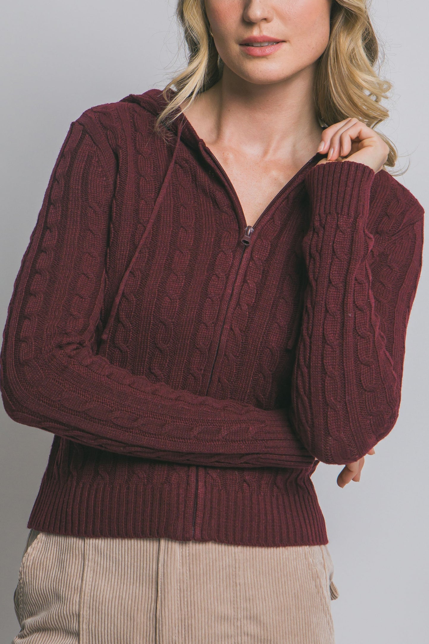 Cable Knit Hoodie Sweater in Wine