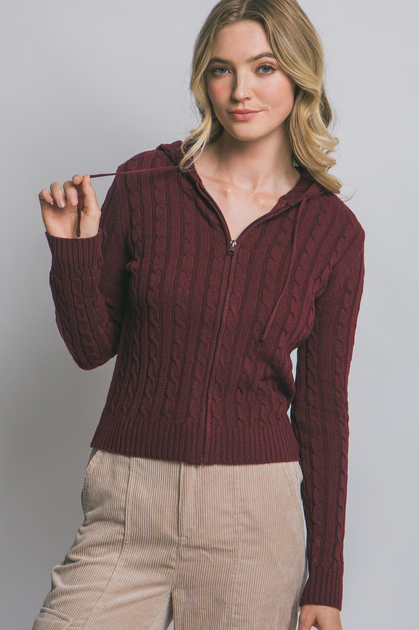 Cable Knit Hoodie Sweater in Wine