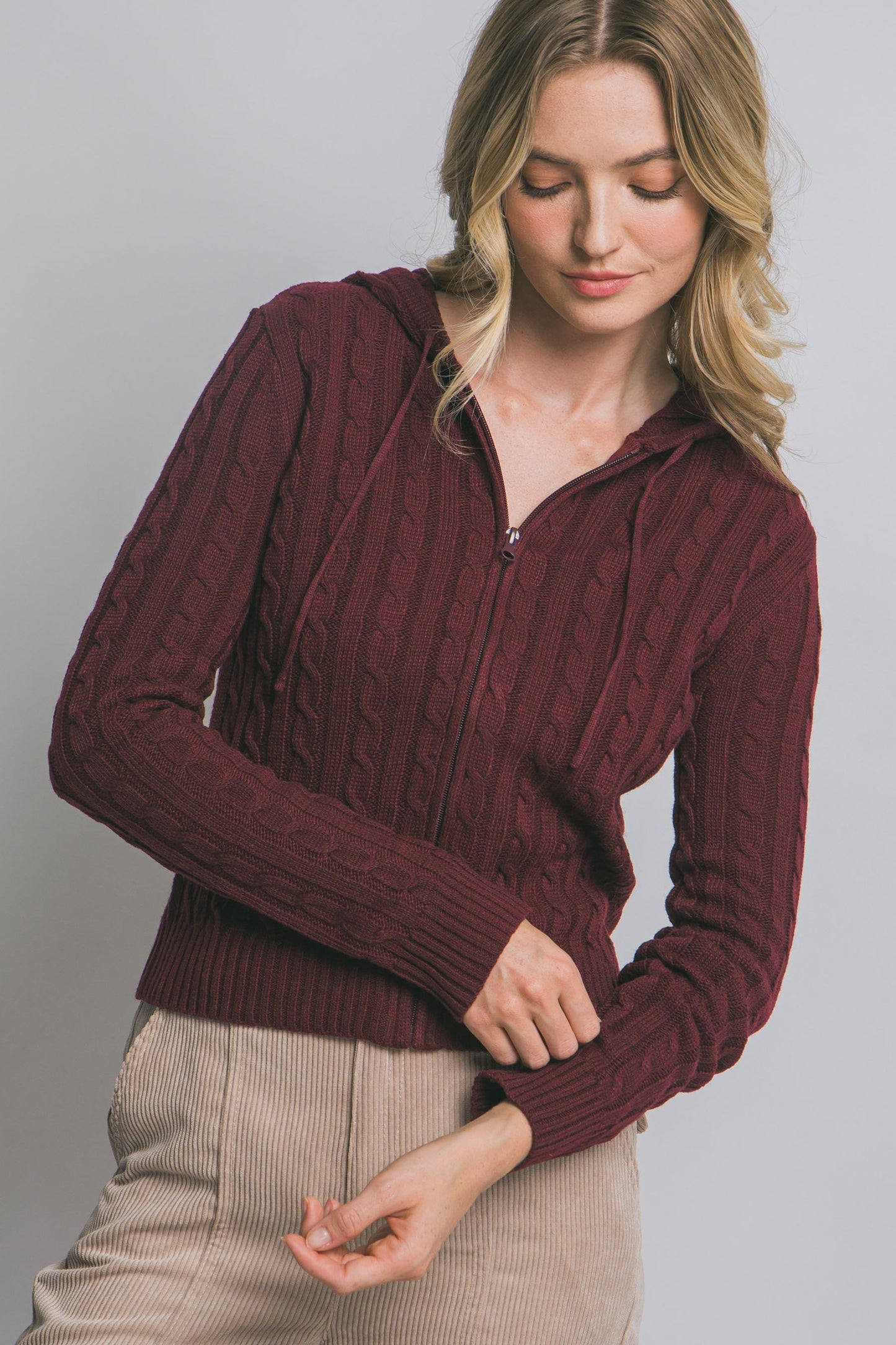 Cable Knit Hoodie Sweater in Wine