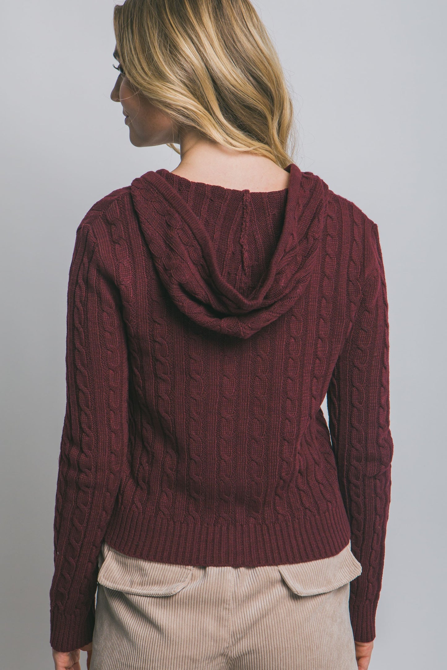 Cable Knit Hoodie Sweater in Wine