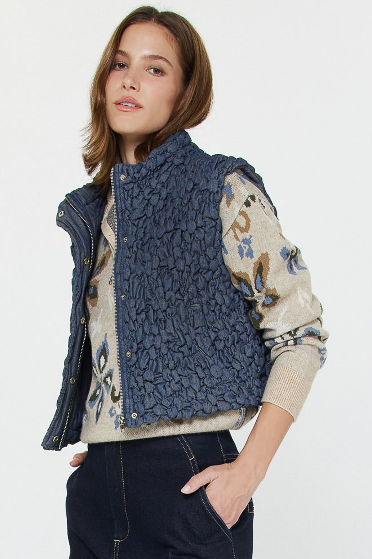 Cropped Quilting Vest in Denim