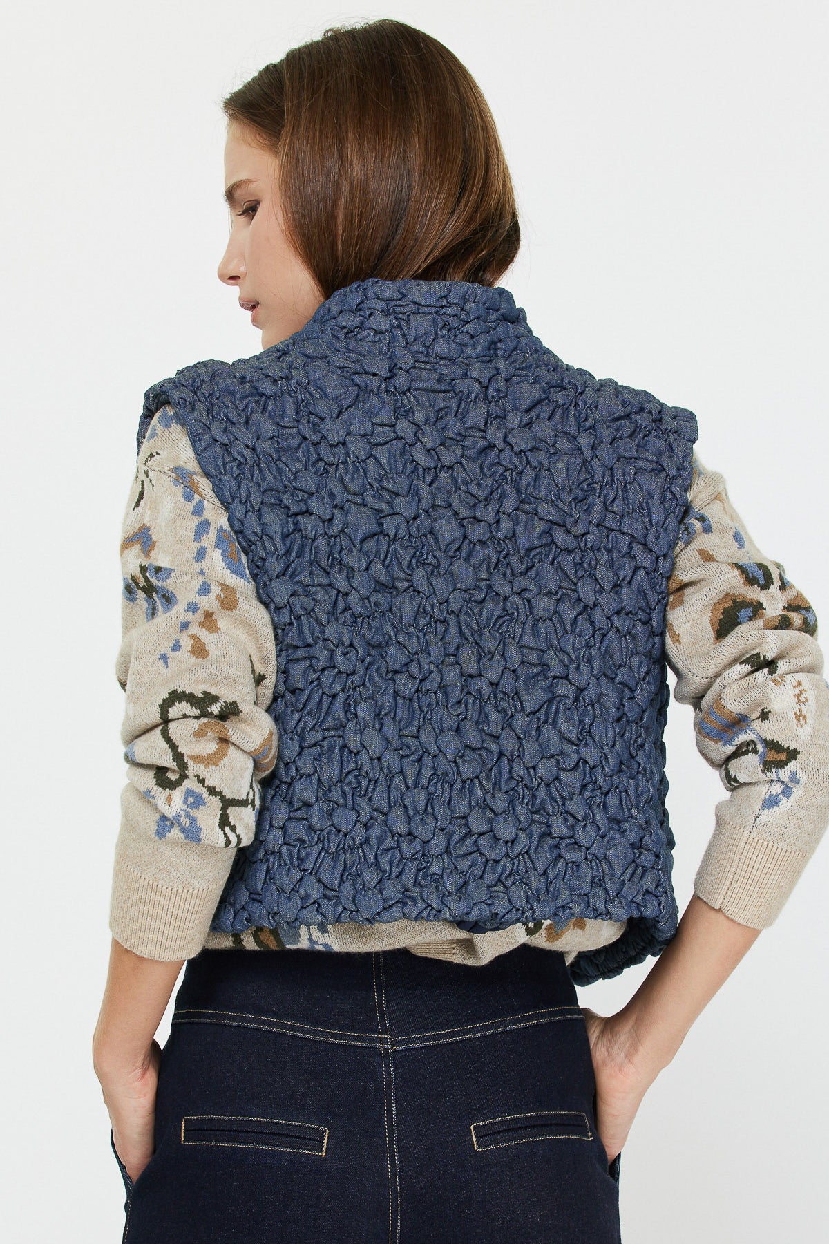 Cropped Quilting Vest in Denim