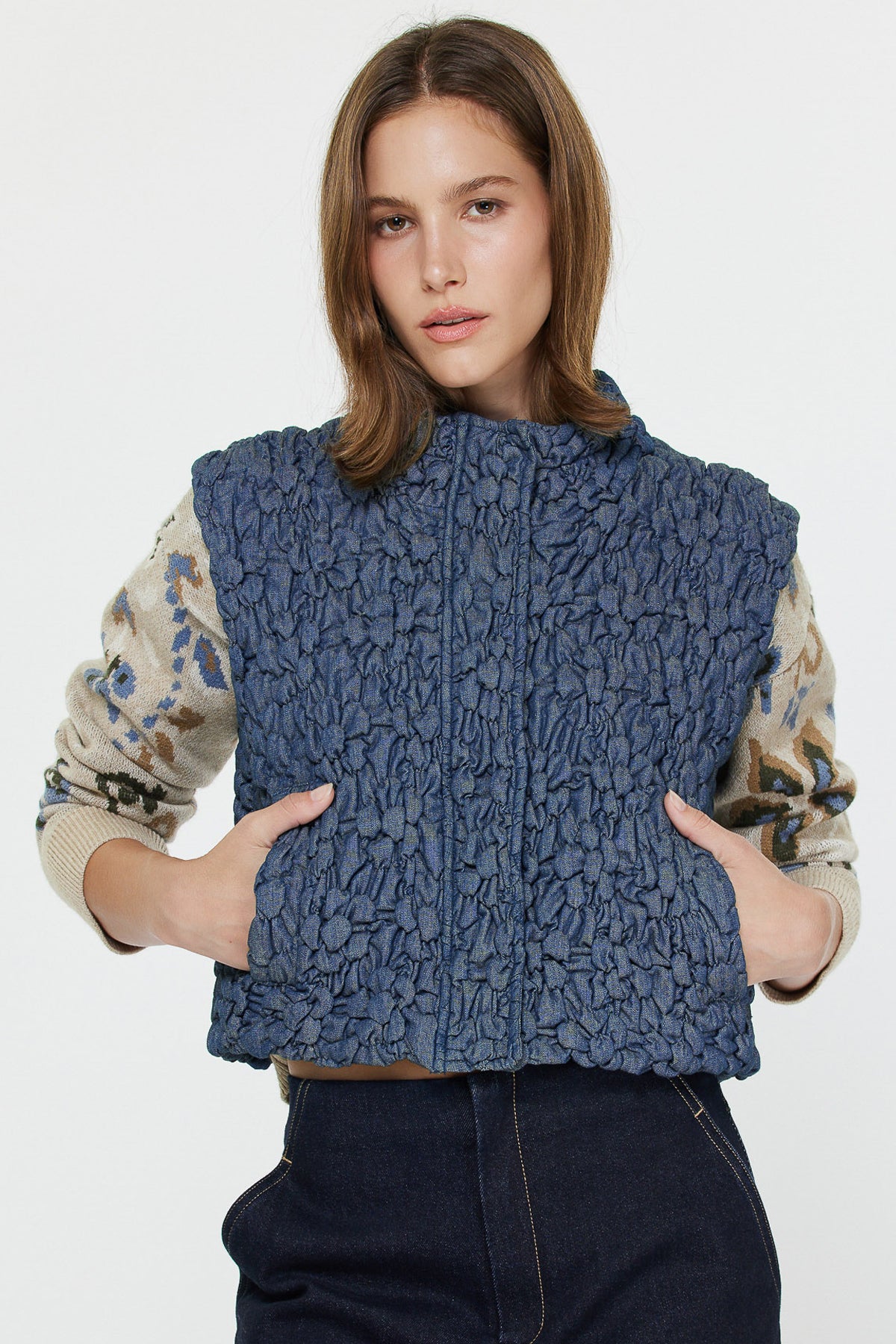 Cropped Quilting Vest in Denim