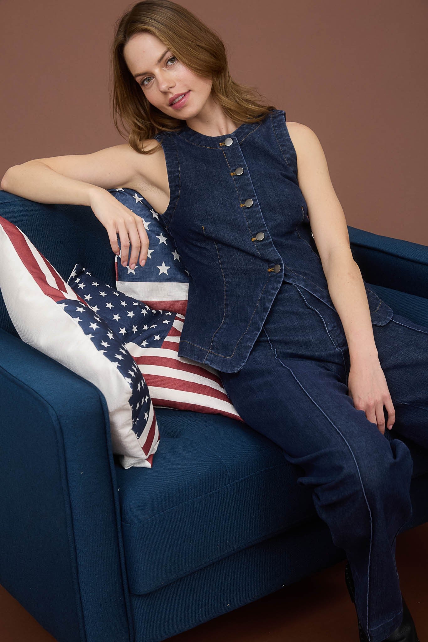 Round Neck Button Denim Vest