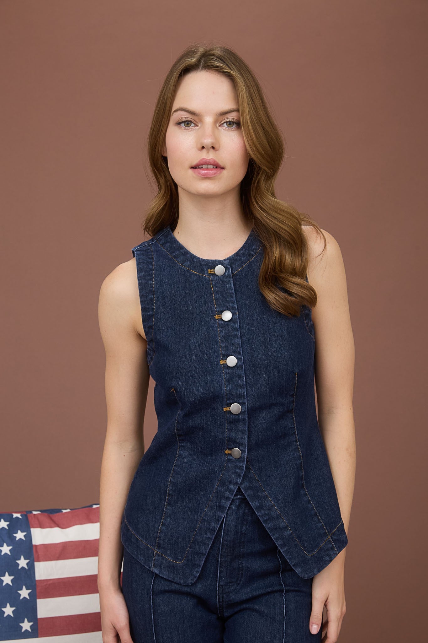 Round Neck Button Denim Vest