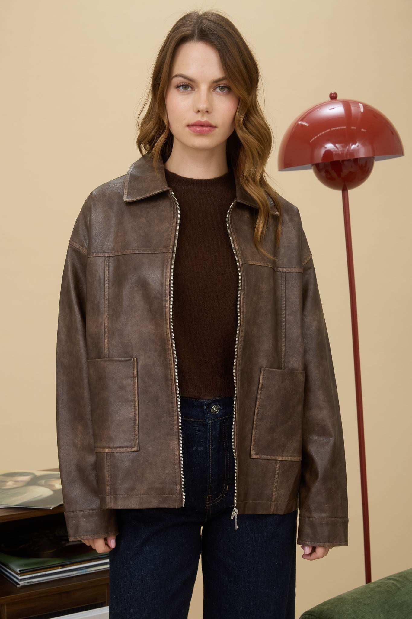 Faux Leather Jacket in Brown