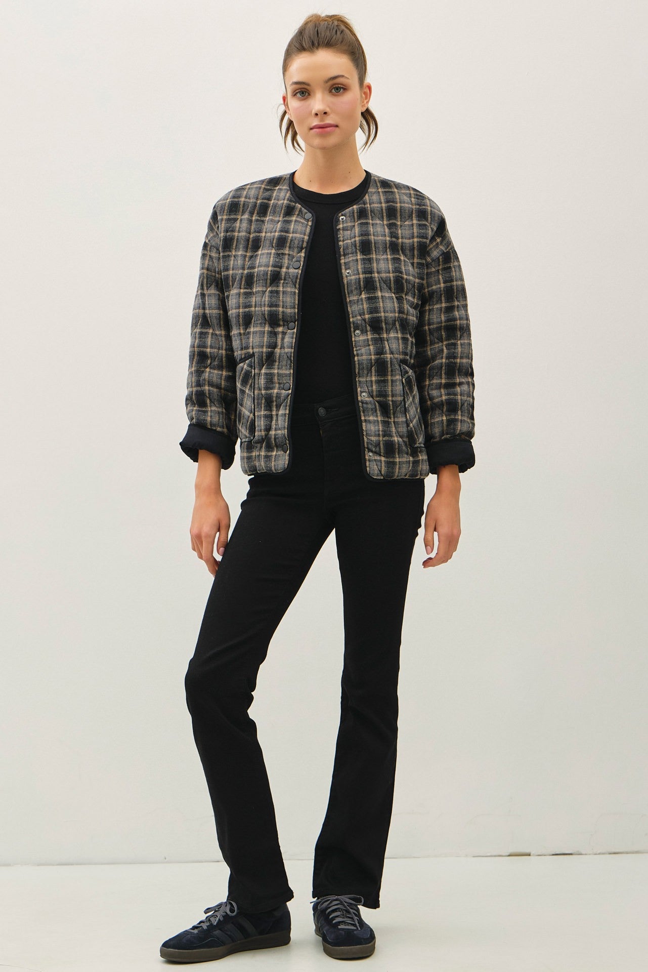 Quilted Plaid Button Up Jacket