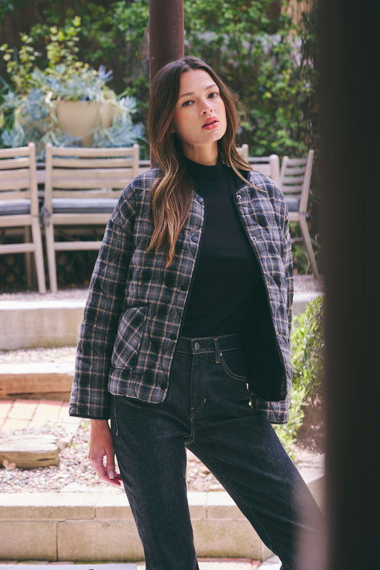Quilted Plaid Button Up Jacket