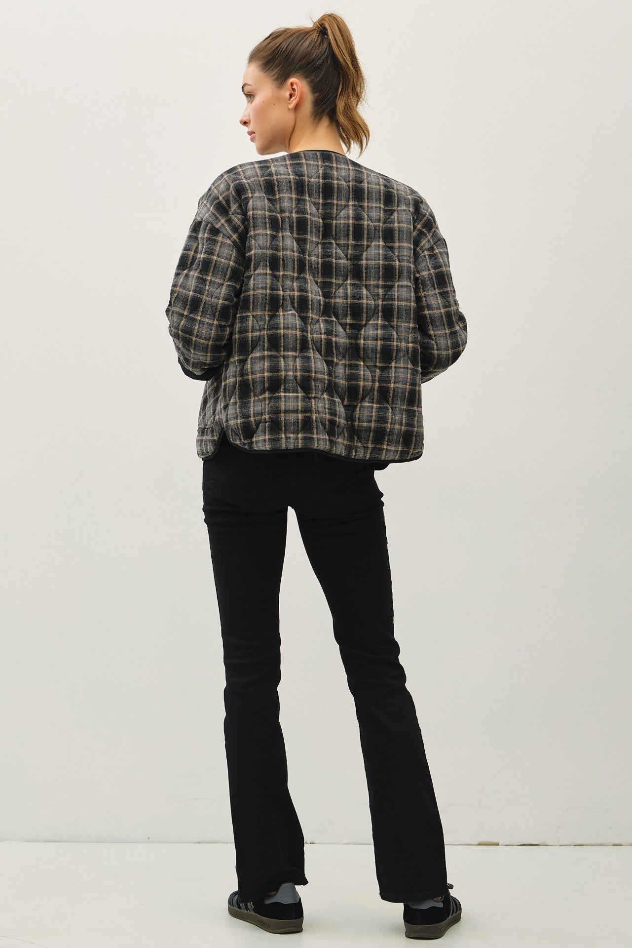Quilted Plaid Button Up Jacket